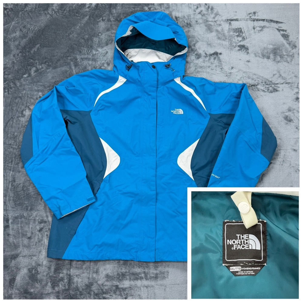 The North Face HyVent Blue Colorblock Rain Jacket Womens XXL Waterproof Hooded